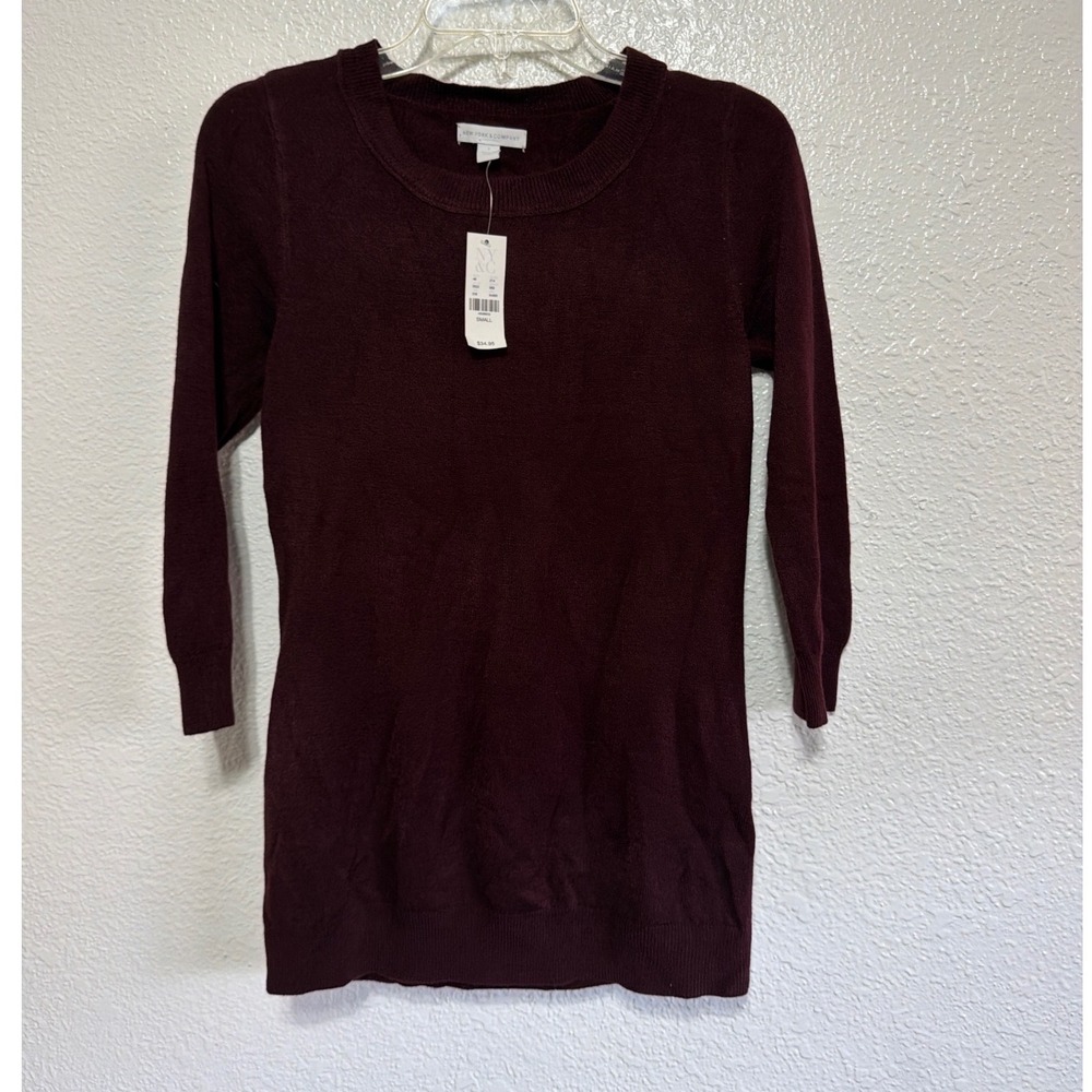 New York & Company Womens Burgundy Crew Neck 3/4 Sleeve Sweater Small NWT 5622